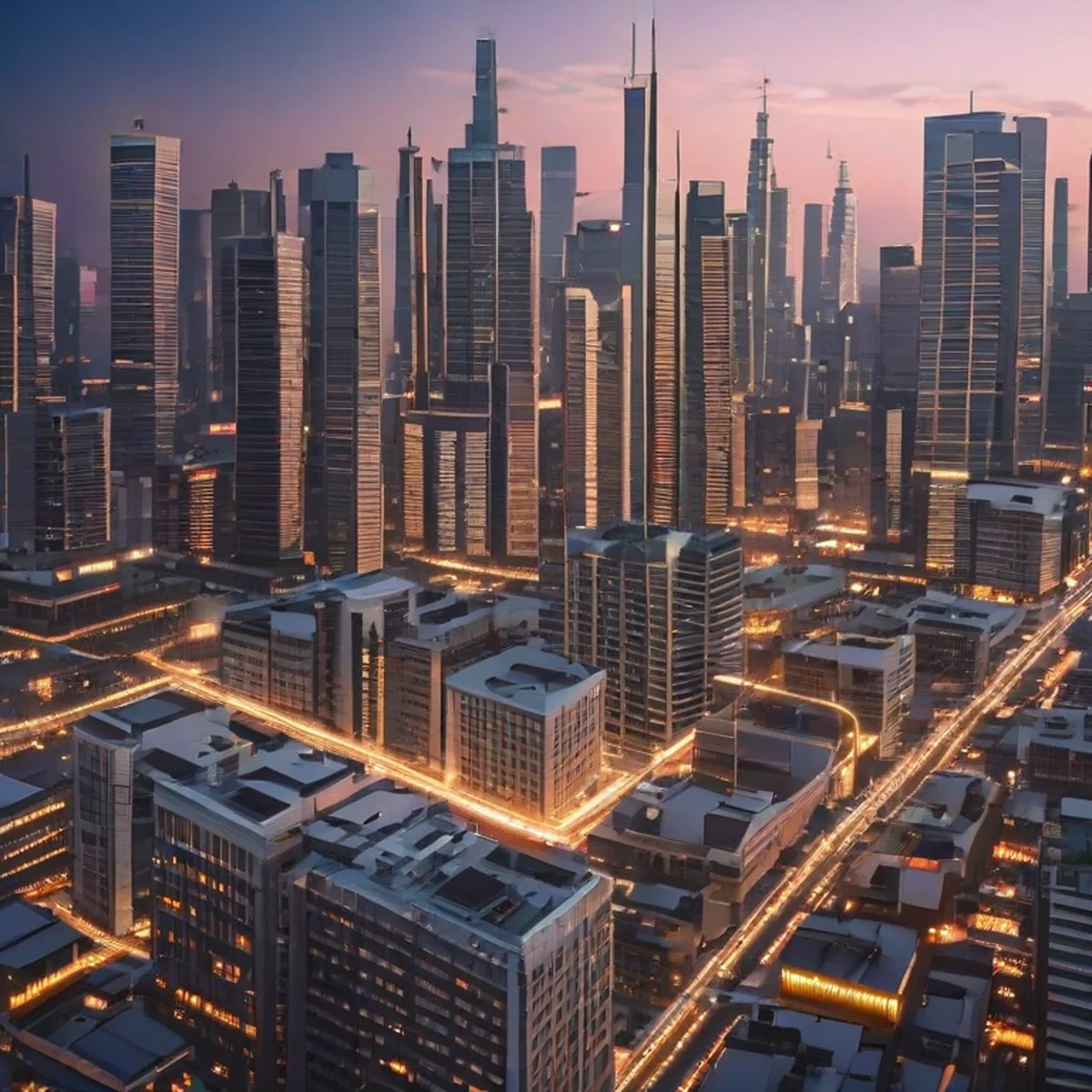 Aerial view of a metropolitan city skyline during golden hour