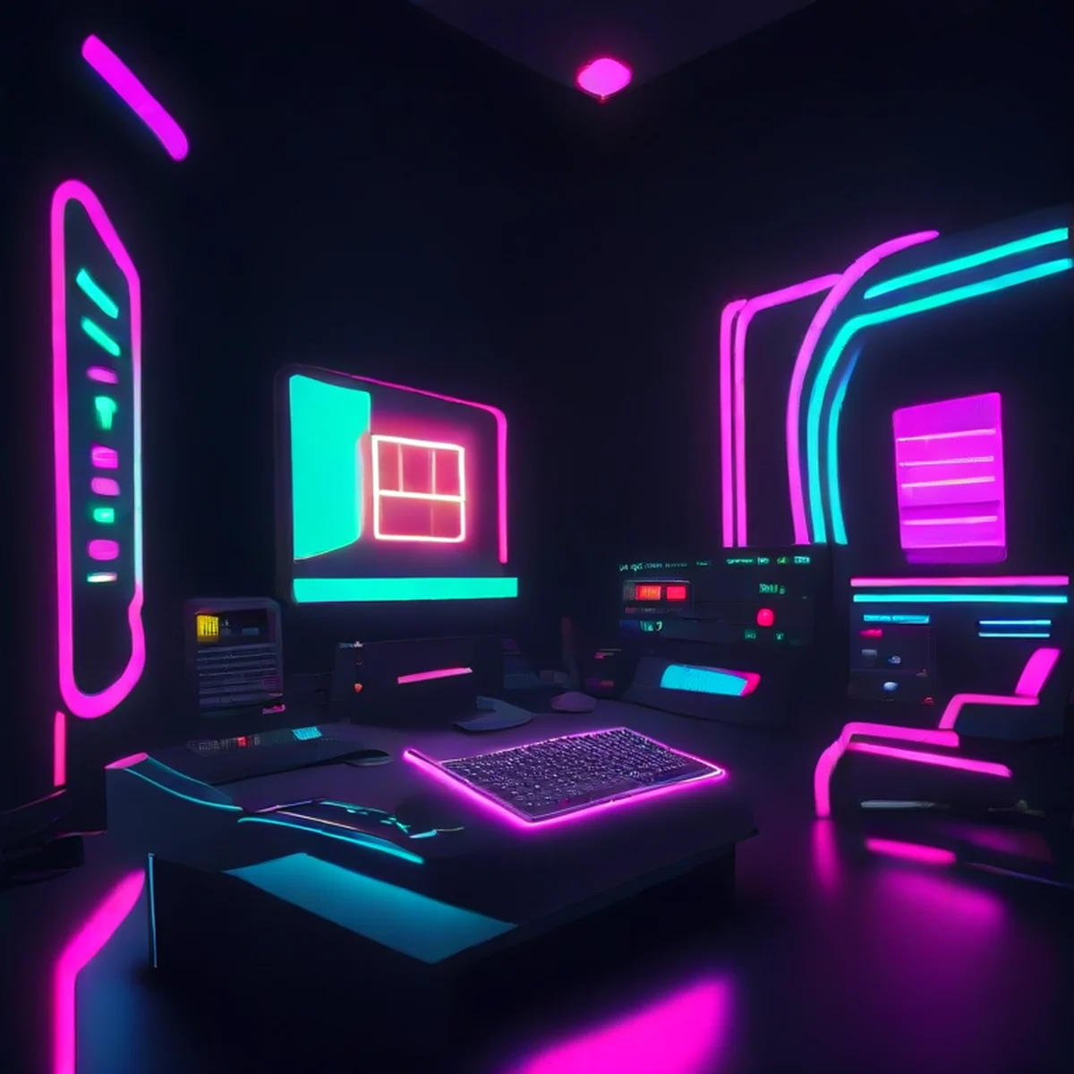 ネオンに照らされたゲーミングルーム