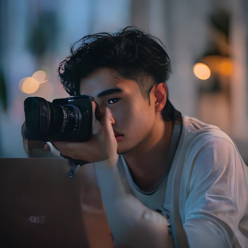 Filipino YouTuber with camera and laptop