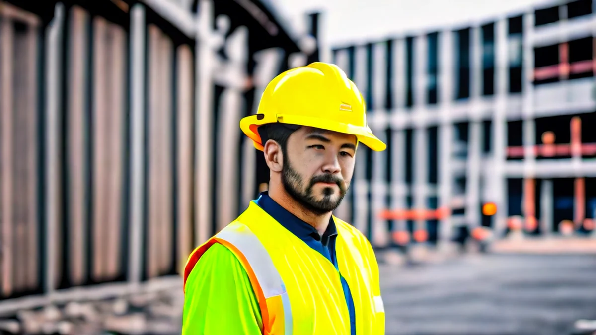 A construction worker in a bright yellow hard hat and orange vest at a Japanese construction site.