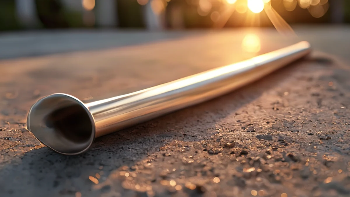 A stainless steel tube, long and smooth, rests on a concrete surface under golden hour light, shallow depth of field, photorealistic, sharp focus, high detail