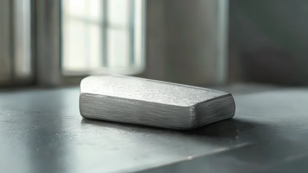 A flat, wide tin with silvery color and rough texture, resting on a steel table under soft light.