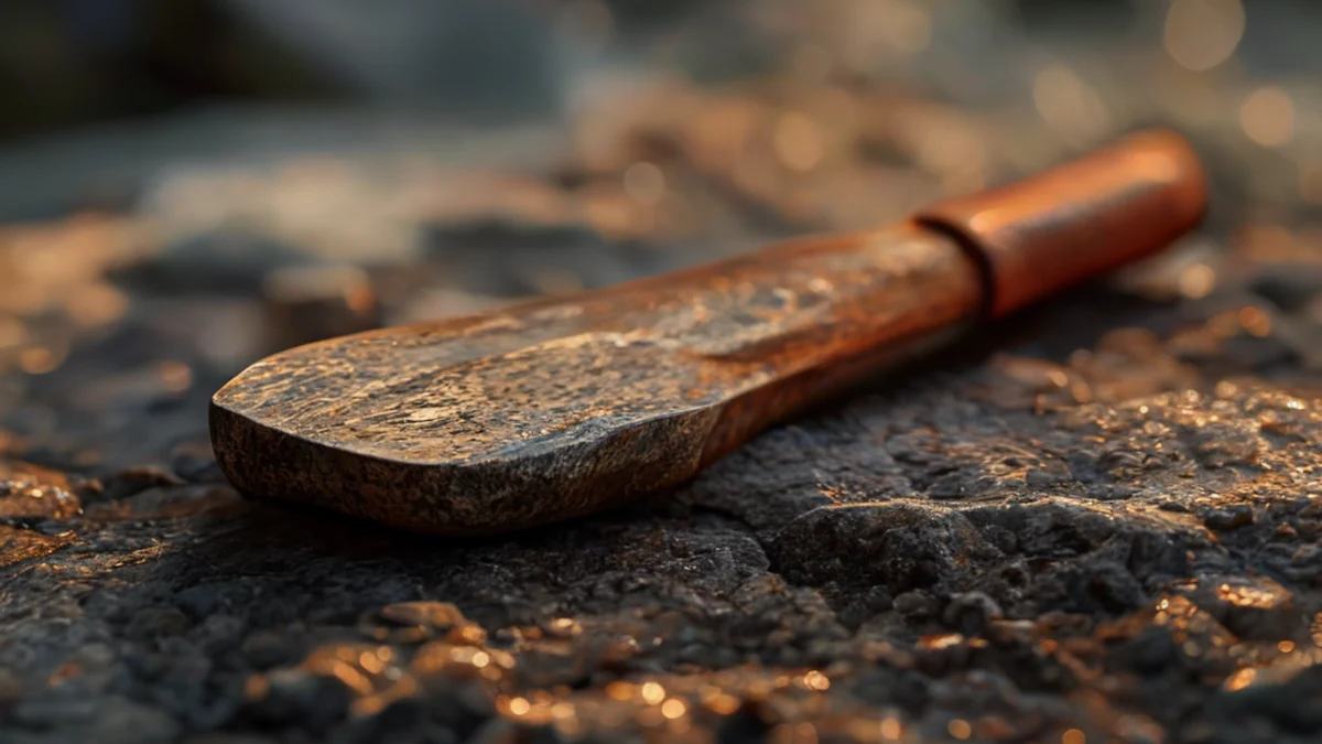 A hand-forged steel chisel, worn handle, on stone, under warm light, shallow focus, photorealistic detail