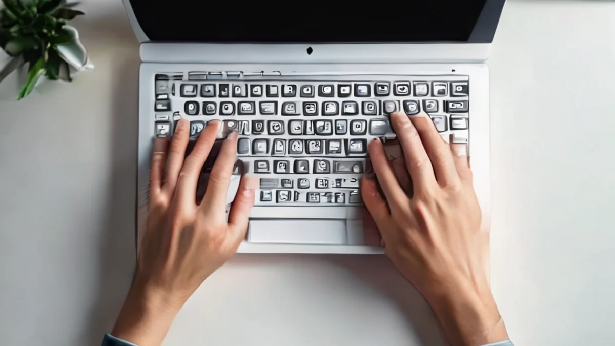 Twee handen typen op een laptop-klavier, vingers uitgestoken.