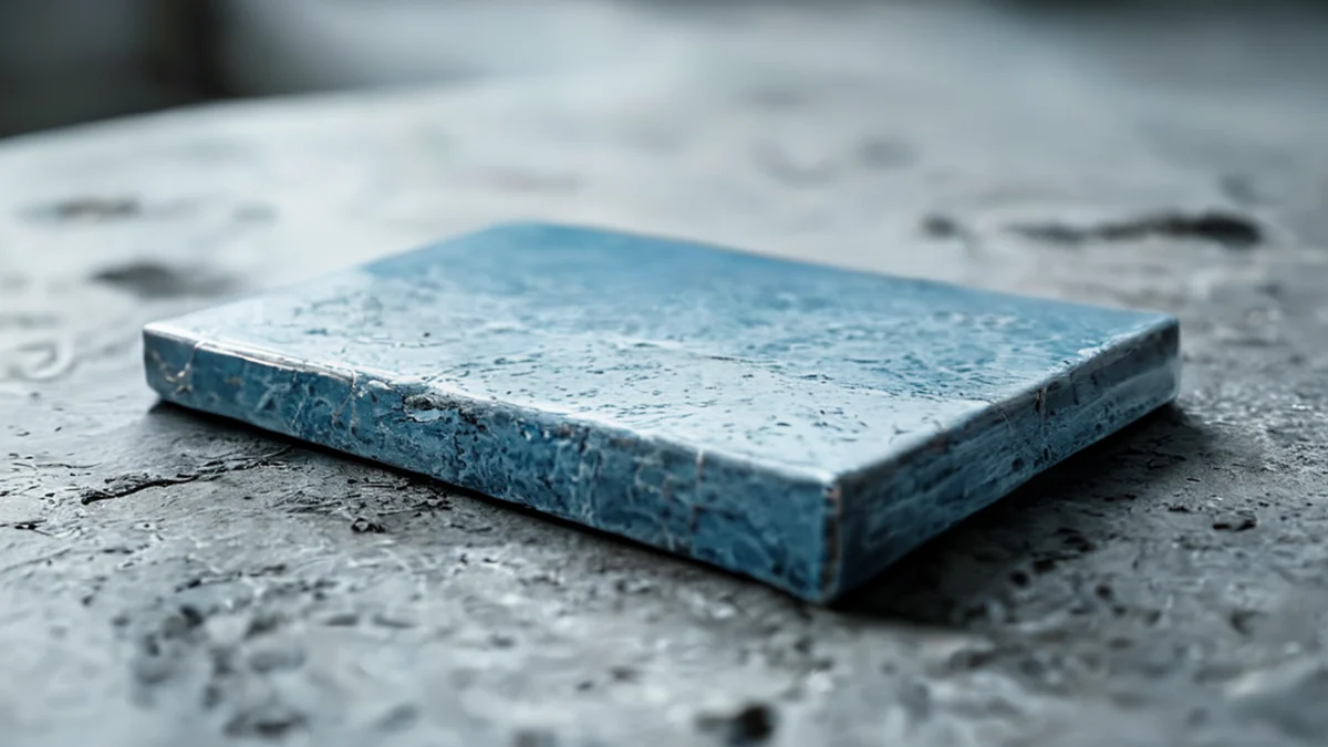 a single ceramic tile splice, flat and thin, with a faded blue glaze and a rough texture, resting on a concrete surface under clean studio softbox light, shallow depth of field, photorealistic, sharp