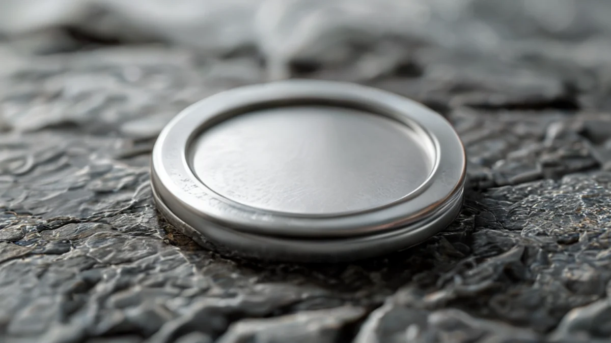 Silver token, centered, polished, silvery, circular, on stone, studio light, shallow focus, photorealistic