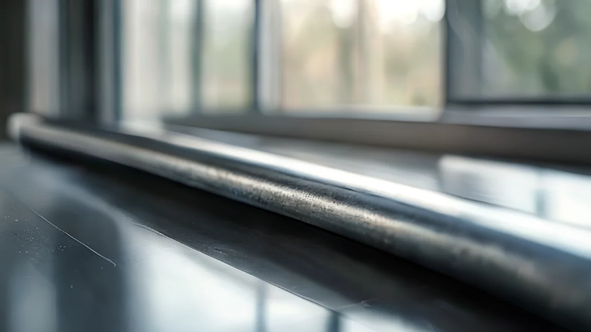 A steel pipe, silver, thick, resting on a glass table, soft window light, shallow depth of field, photorealistic, sharp focus, high detail