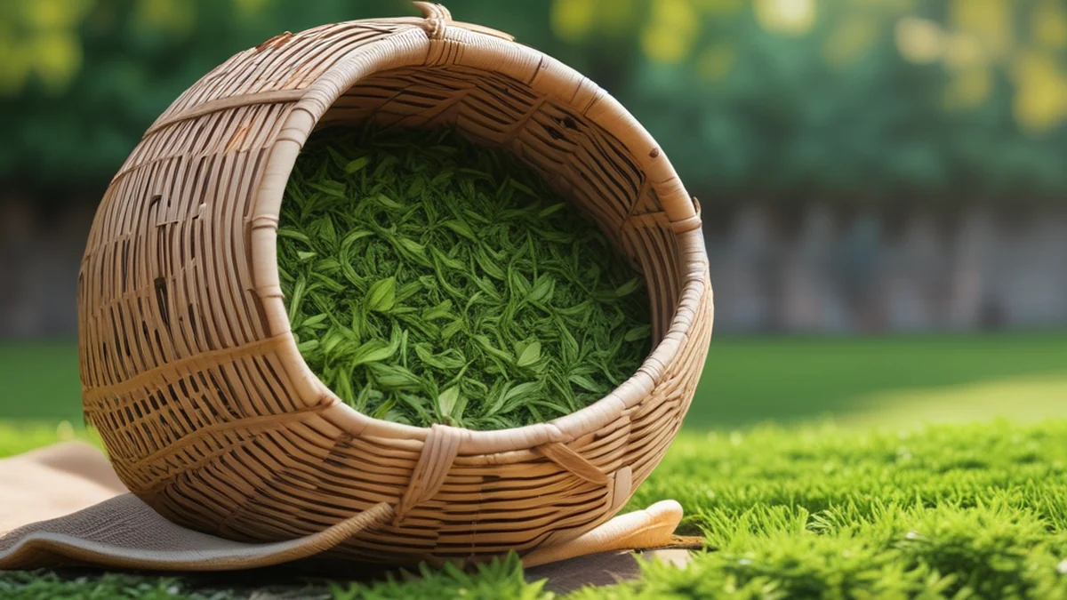 新採綠茶葉均勻地鋪在一個大圓形編織竹籃中， outdoors．