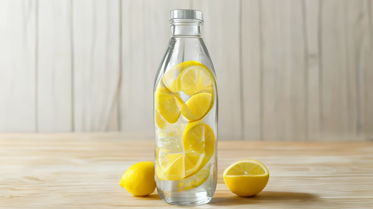 A clear glass water bottle with lemon slices floating inside.