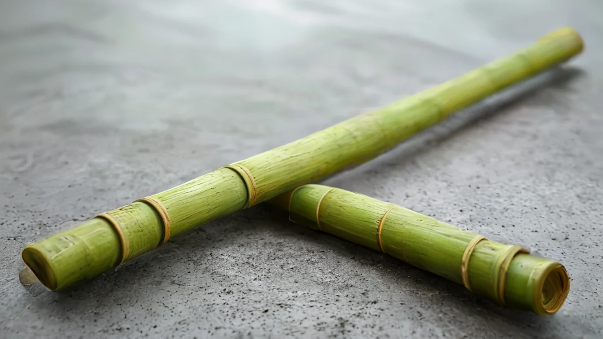 A bamboo pole standing vertically in a field, showing its natural texture and color.