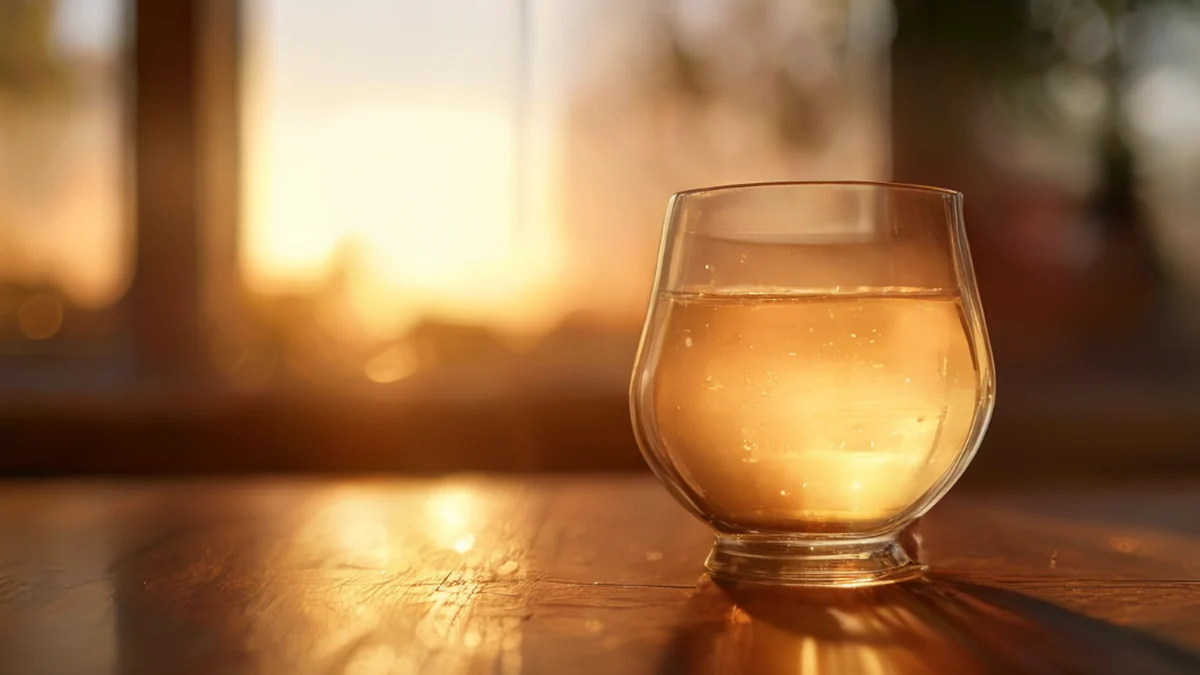 Een brede, duidelijke sake-cup met gladde randen, op een houten tafel onder gouden urenlicht, zacht focus, fotorealistisch, scherp focus, hoge details
