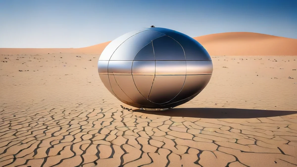 Metallic flying saucer object, smooth surface, reflective, no visible details