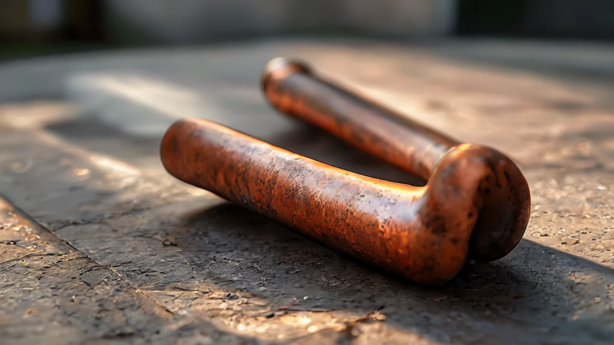 A warped, kinked copper pipe with oxidation, zigzag shape, resting on a concrete slab under warm side light, shallow depth of field, photorealistic, sharp focus, high detail